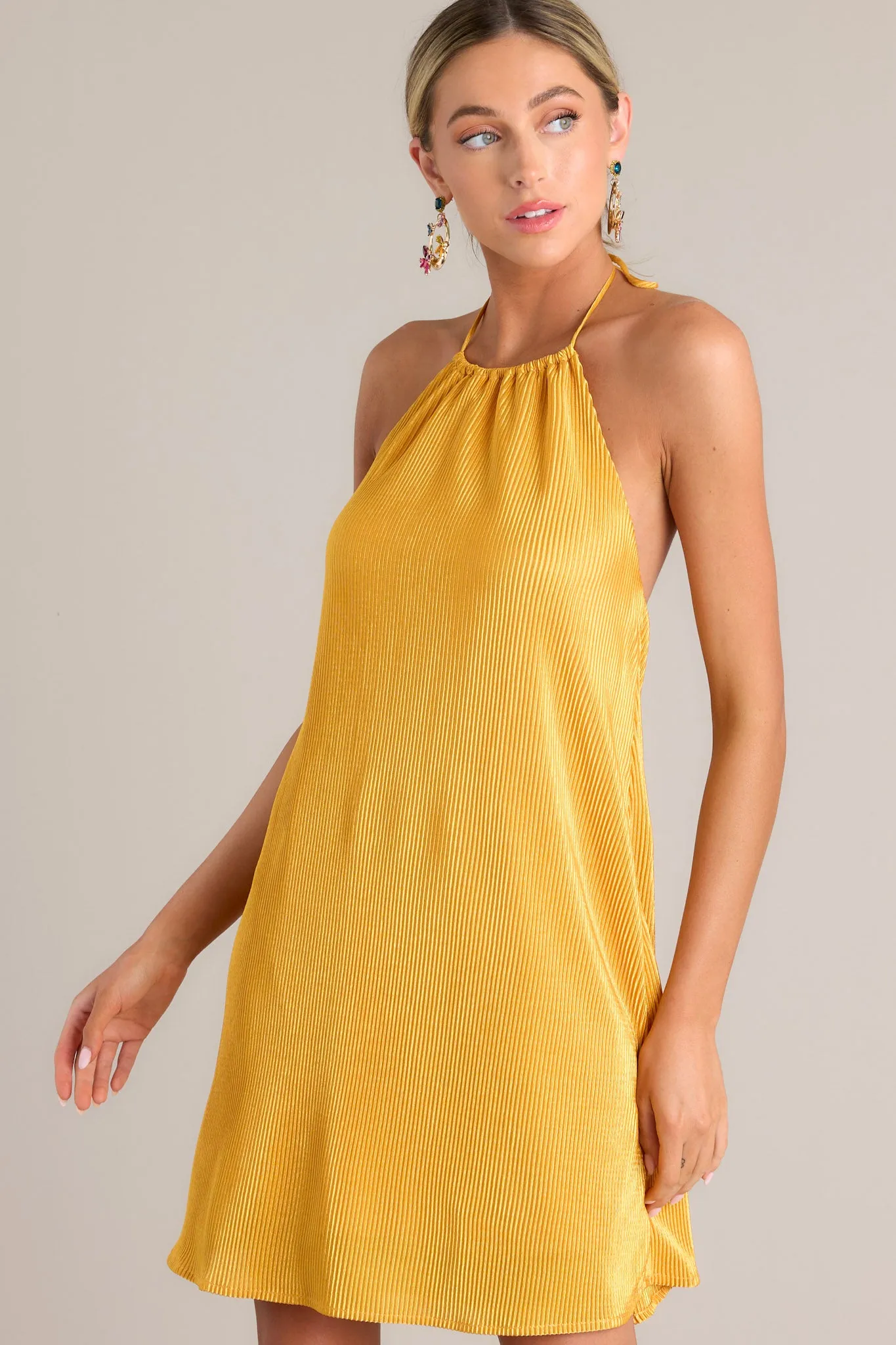 Sunbeam Splendor Goldenrod Ribbed Halter Mini Dress