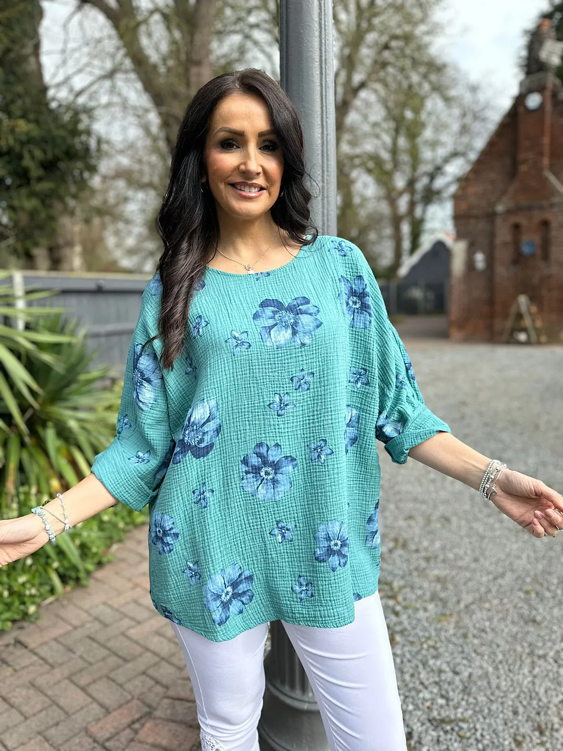 Teal Bubble Cotton Flower Top Pippa