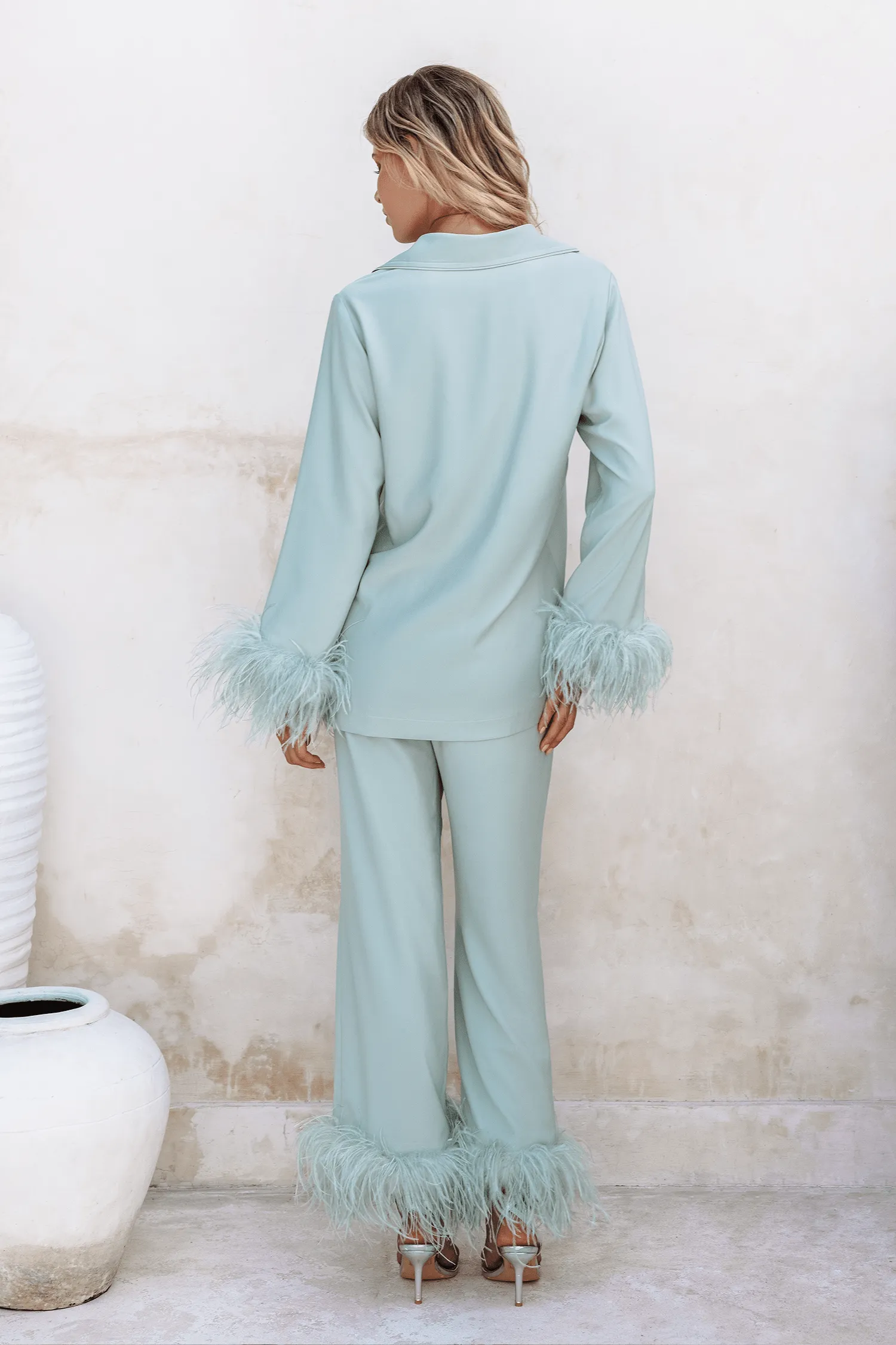 TILLY Feather Trim Satin Pyjama In Sage