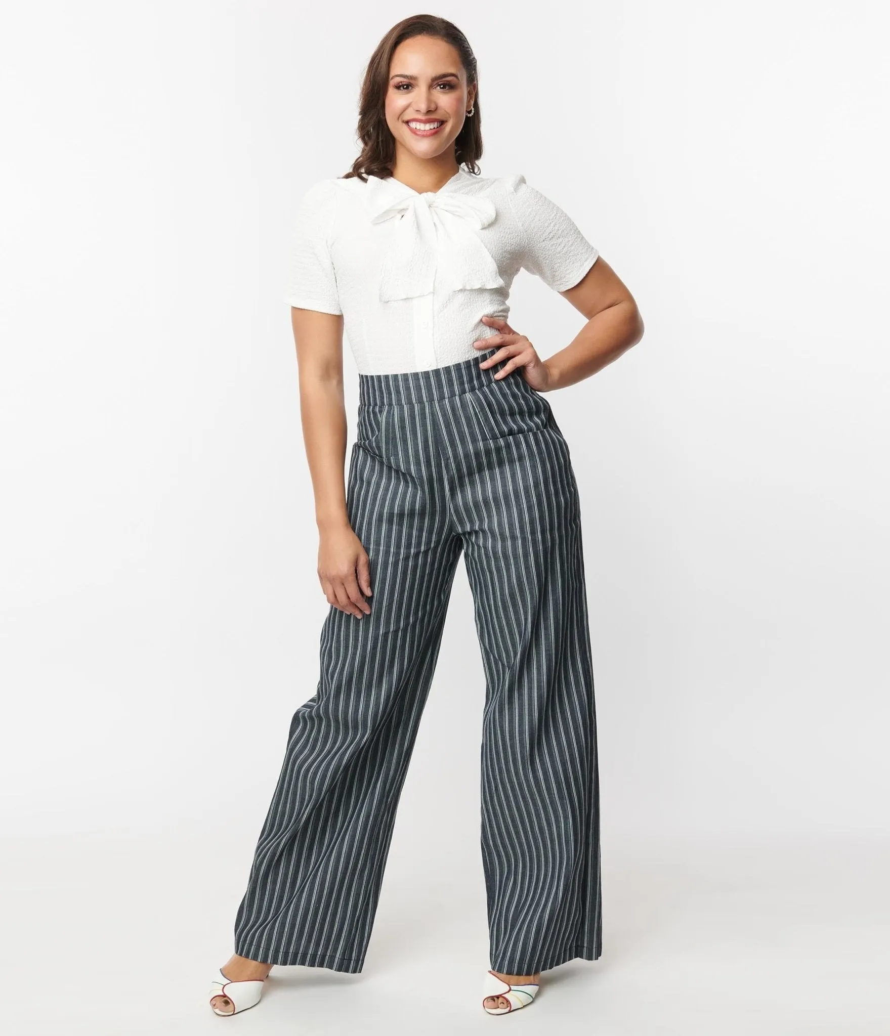 Unique Vintage 1940s Denim & White Stripe High Waist Sailor Ginger Pants