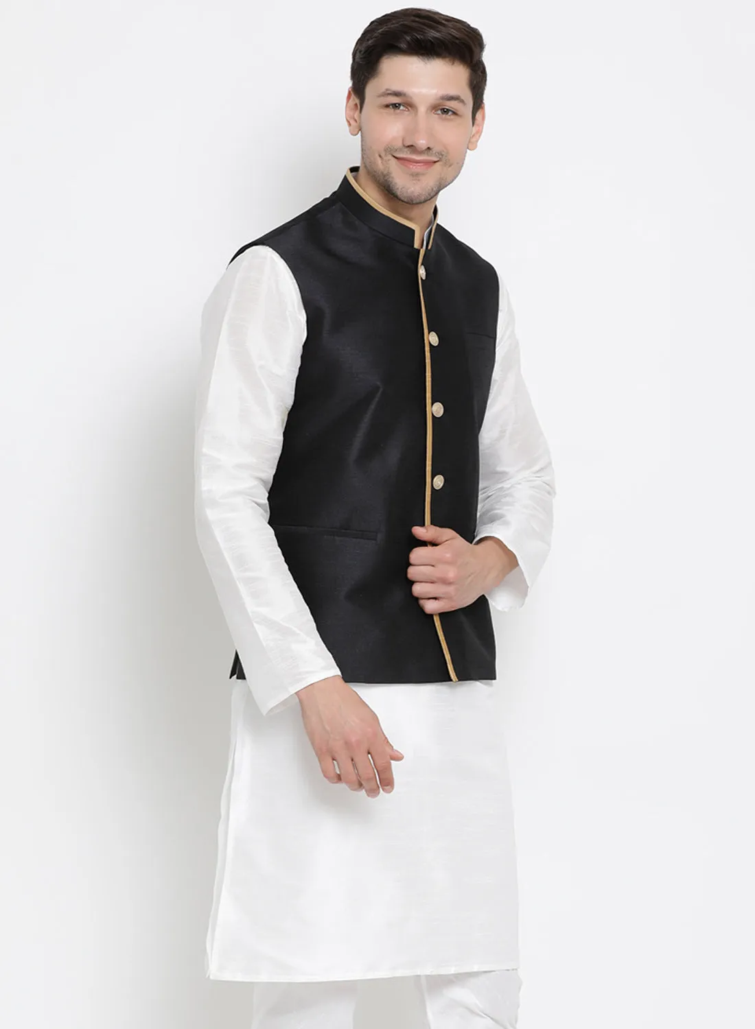 VASTRAMAY Men's Black Cotton Silk Blend Ethnic Jacket