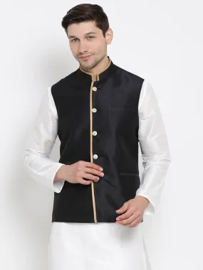 VASTRAMAY Men's Black Cotton Silk Blend Ethnic Jacket