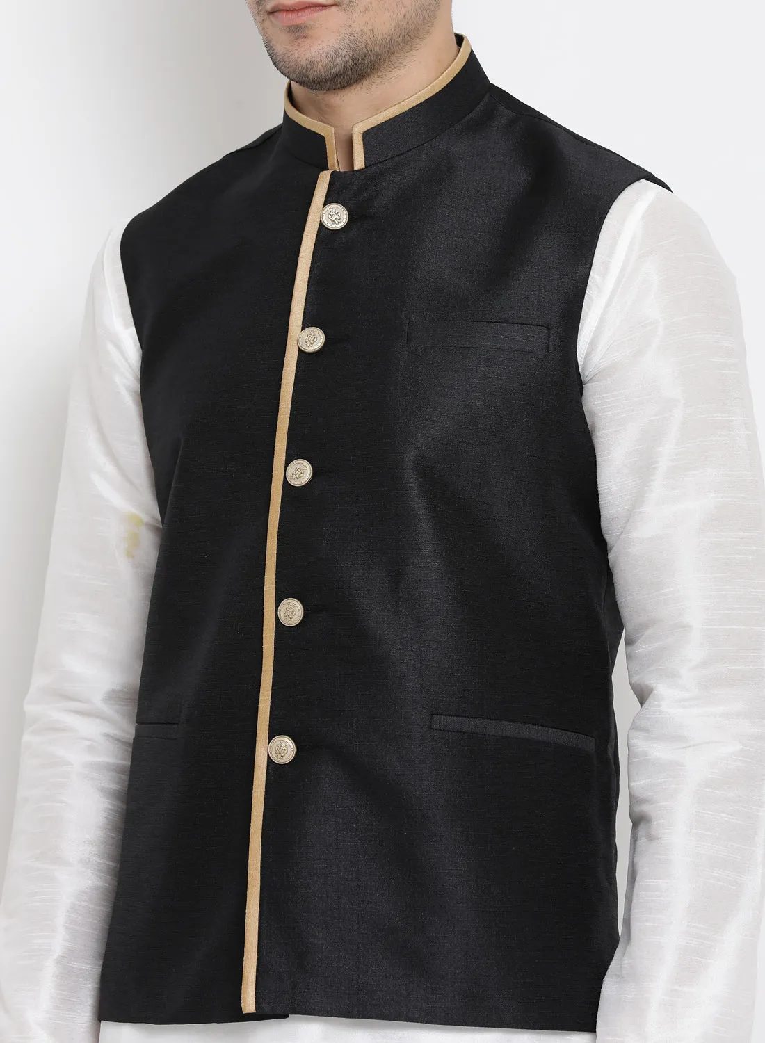 VASTRAMAY Men's Black Cotton Silk Blend Ethnic Jacket