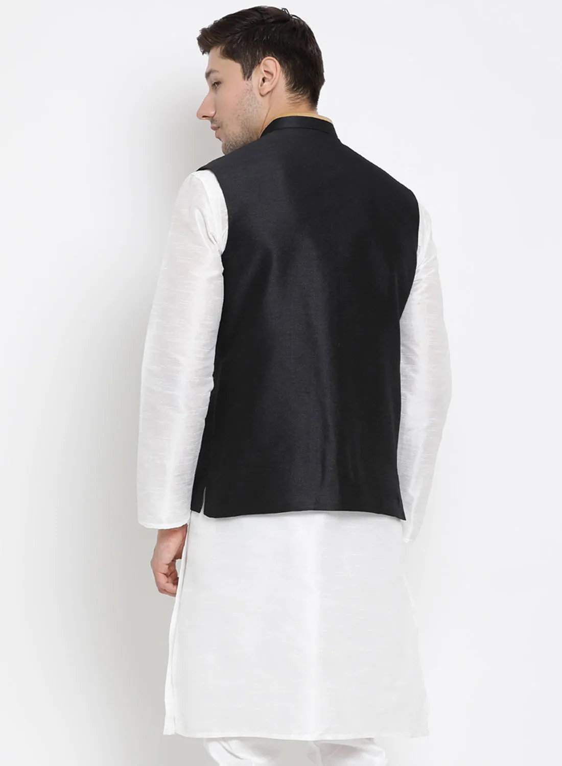 VASTRAMAY Men's Black Cotton Silk Blend Ethnic Jacket