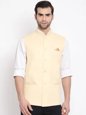 VASTRAMAY Men's Cream Solid Classic Royal Cotton Blend Nehru Jacket