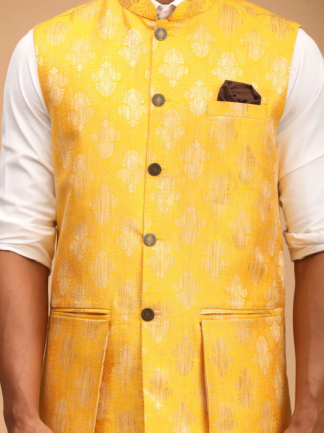 Vastramay Men's Yellow Woven Flap Ethnic Jacket