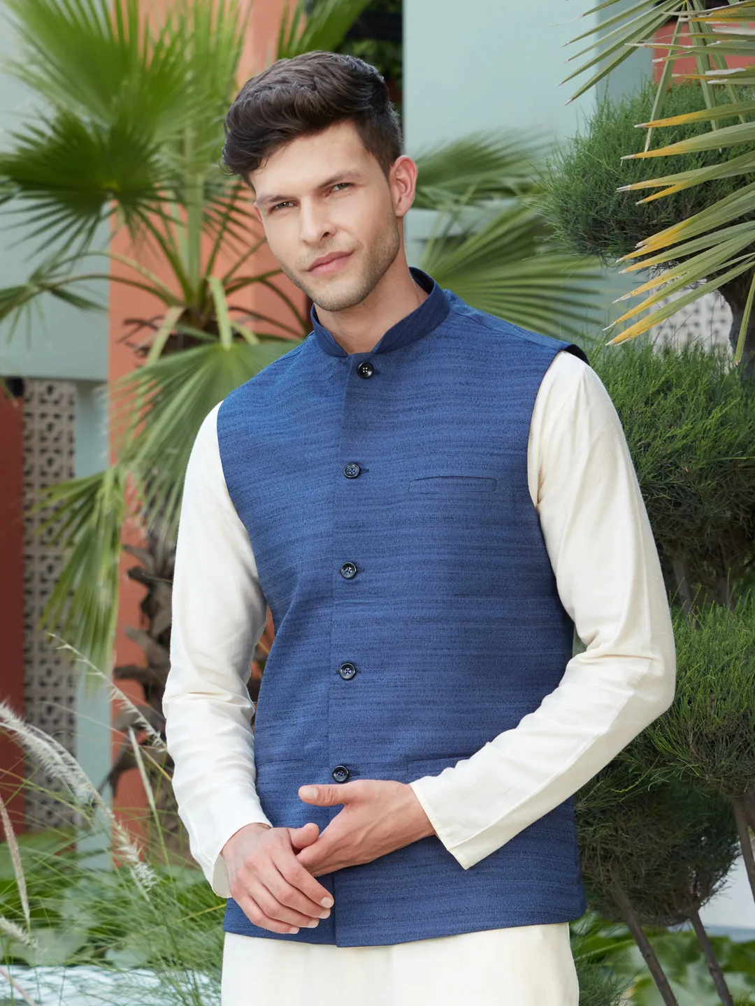 VASTRAMAY Navy Blue Cotton Blend Solid Nehru Jacket