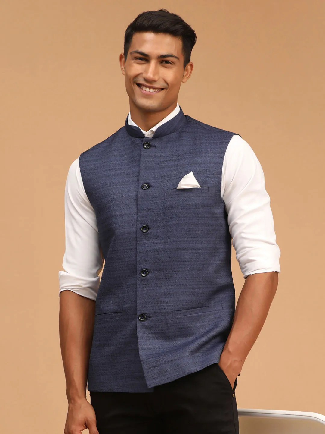 VASTRAMAY Navy Blue Cotton Blend Solid Nehru Jacket