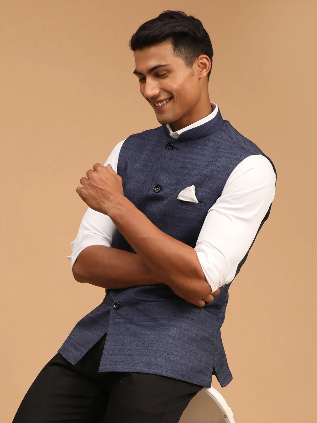 VASTRAMAY Navy Blue Cotton Blend Solid Nehru Jacket