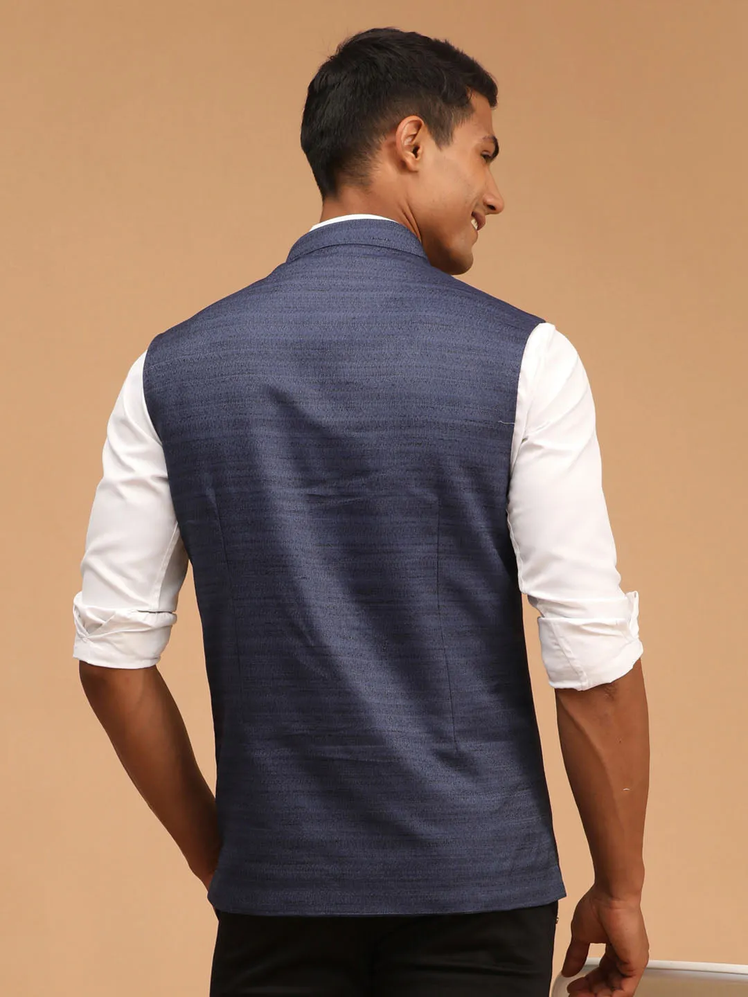 VASTRAMAY Navy Blue Cotton Blend Solid Nehru Jacket