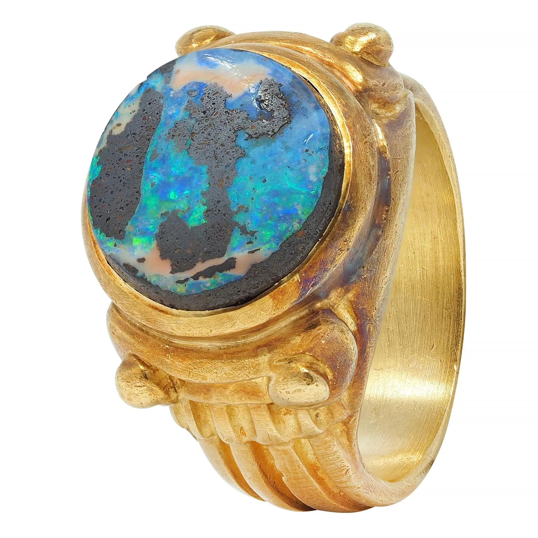 Vintage Boulder Opal 18 Karat Yellow Gold Neoclassical Greek Column Signet Ring