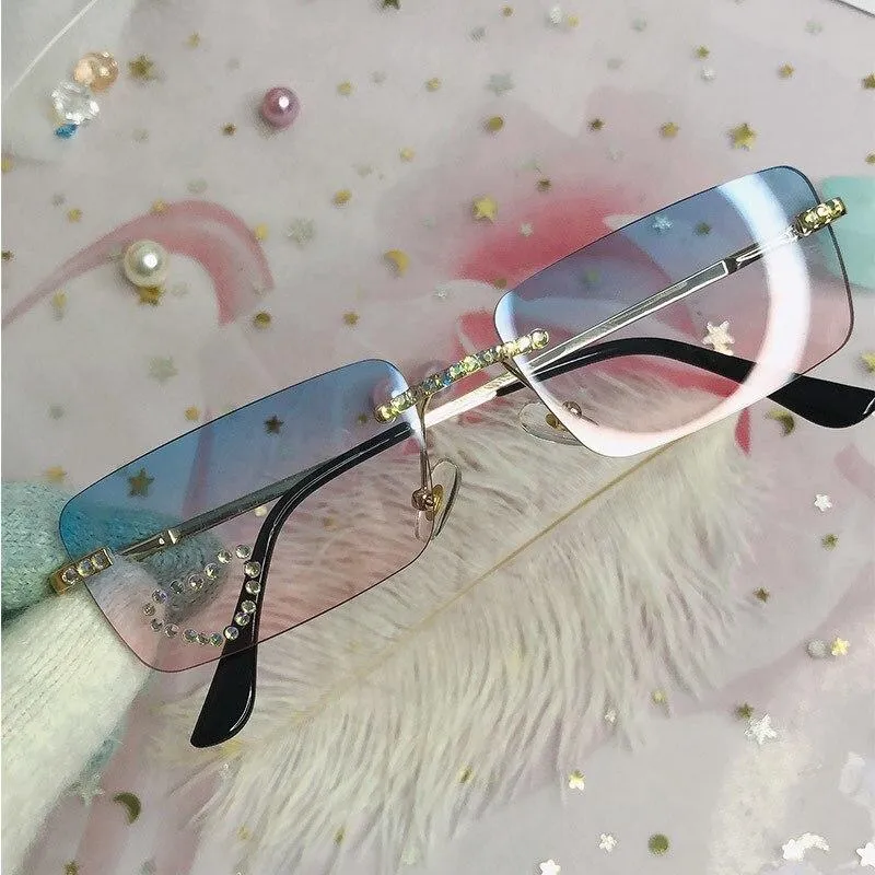 Vintage Designer Diamond Crystal Rimless UV400 Sunglasses for Women