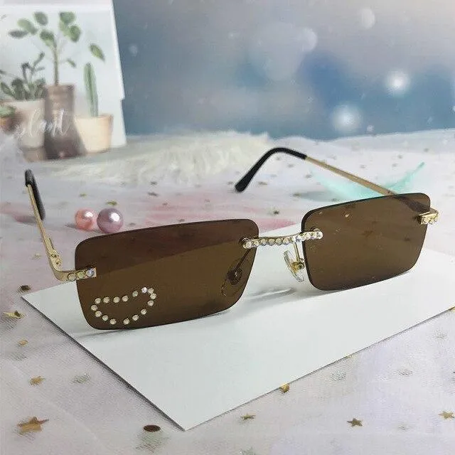 Vintage Designer Diamond Crystal Rimless UV400 Sunglasses for Women