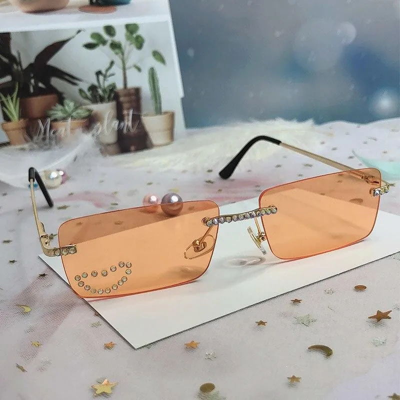 Vintage Designer Diamond Crystal Rimless UV400 Sunglasses for Women