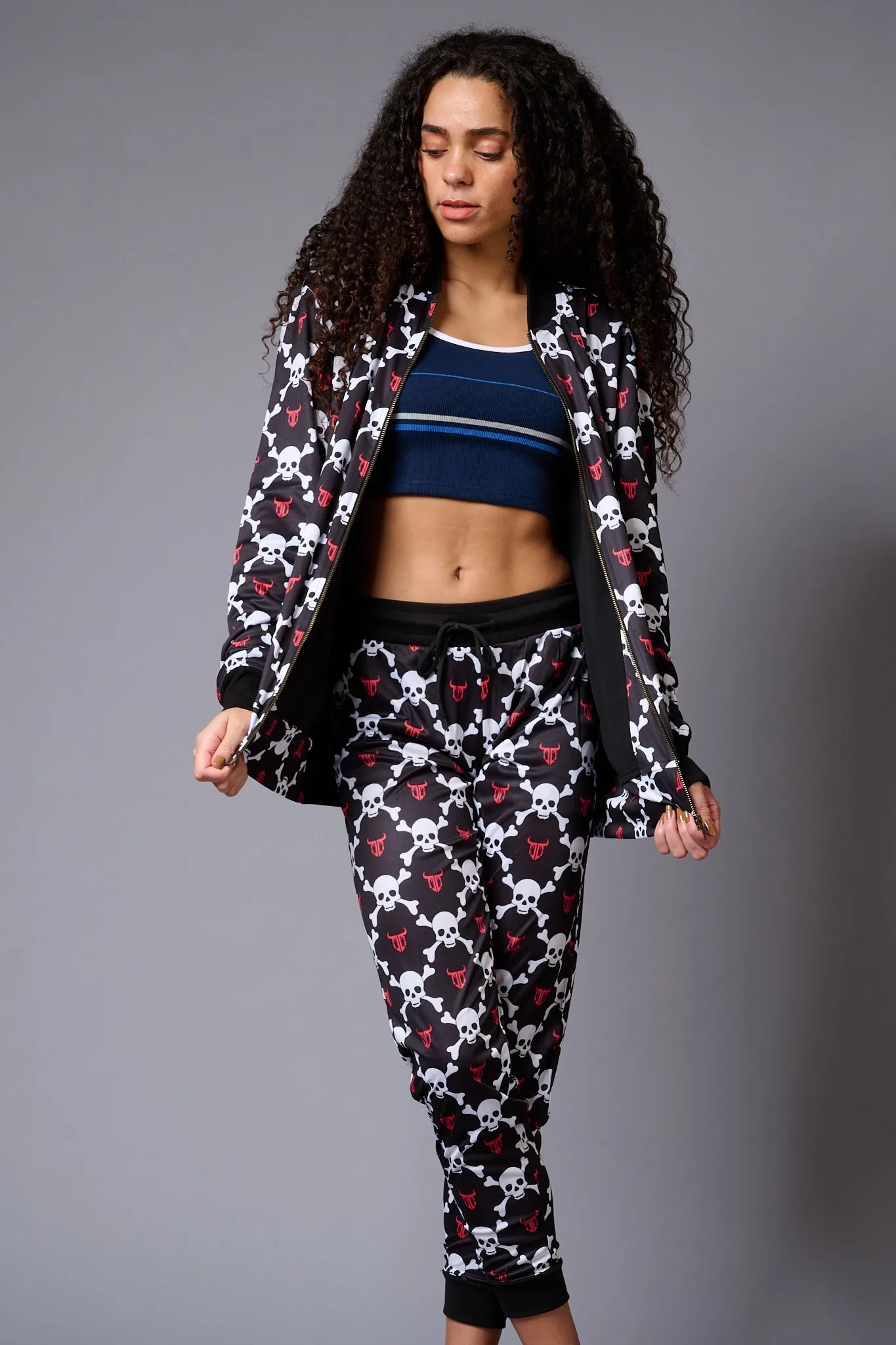 White Skull Printed Black Bomber Style Jacket with Pant Co-ord Set for Women