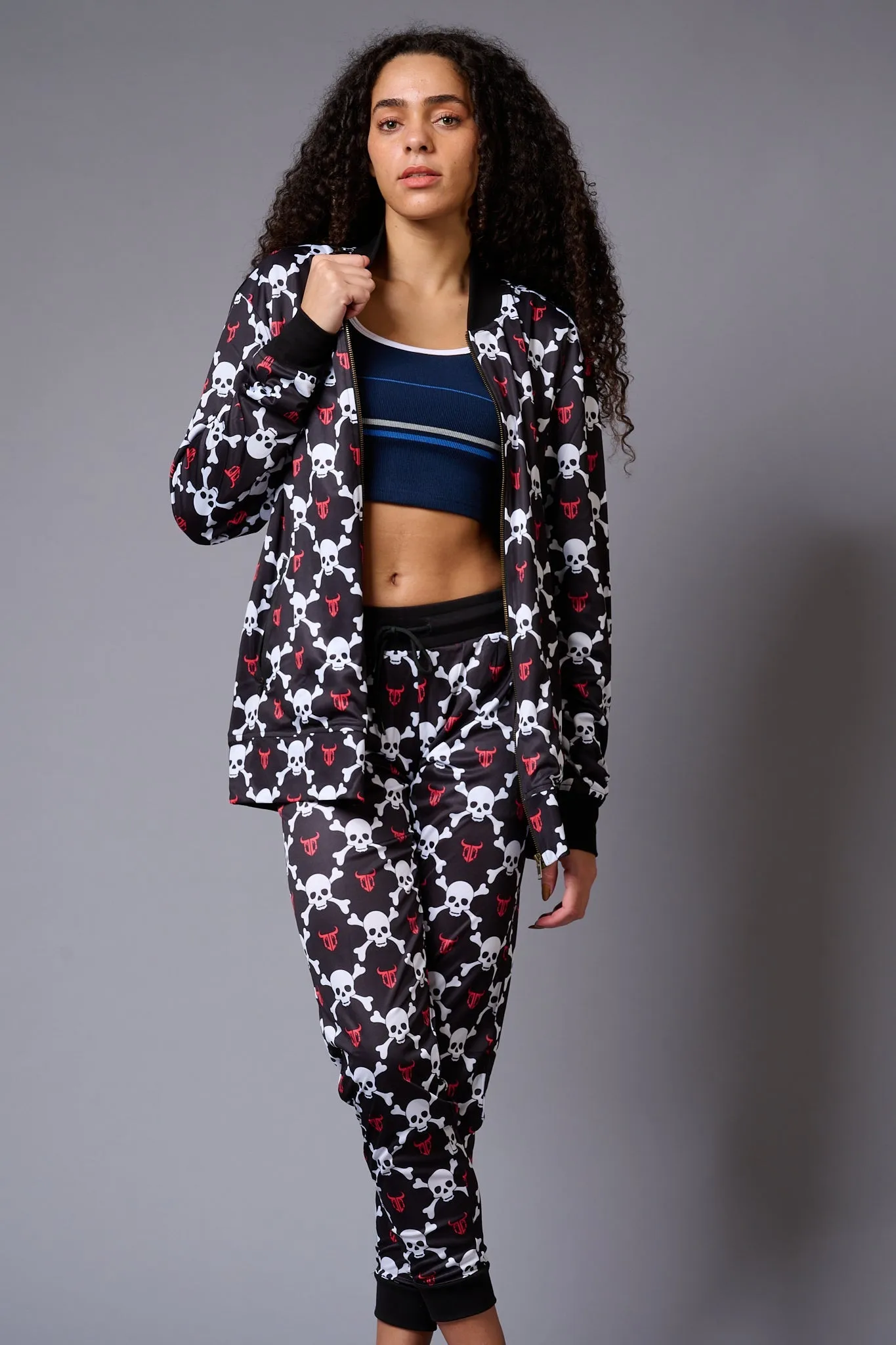 White Skull Printed Black Bomber Style Jacket with Pant Co-ord Set for Women