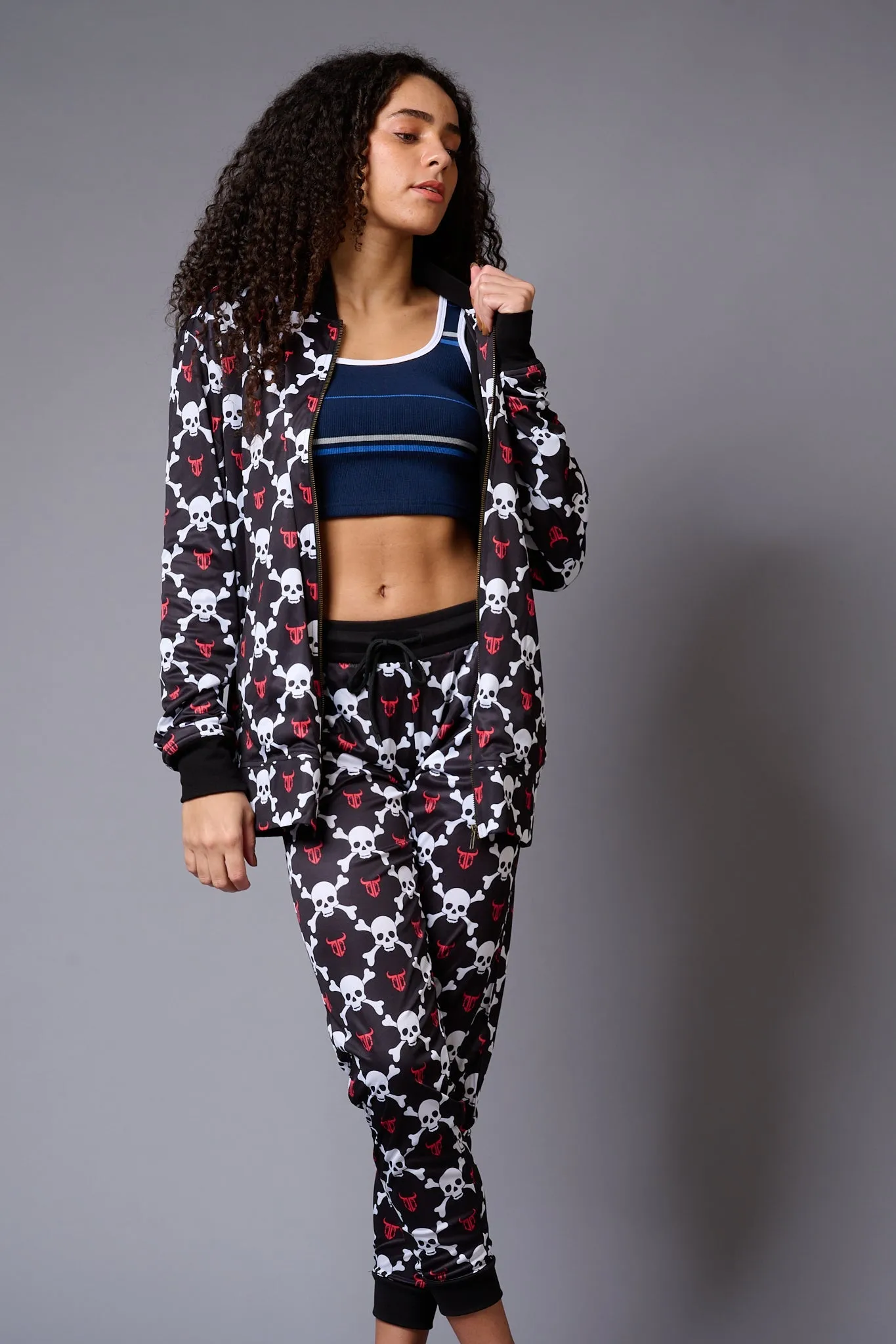 White Skull Printed Black Bomber Style Jacket with Pant Co-ord Set for Women