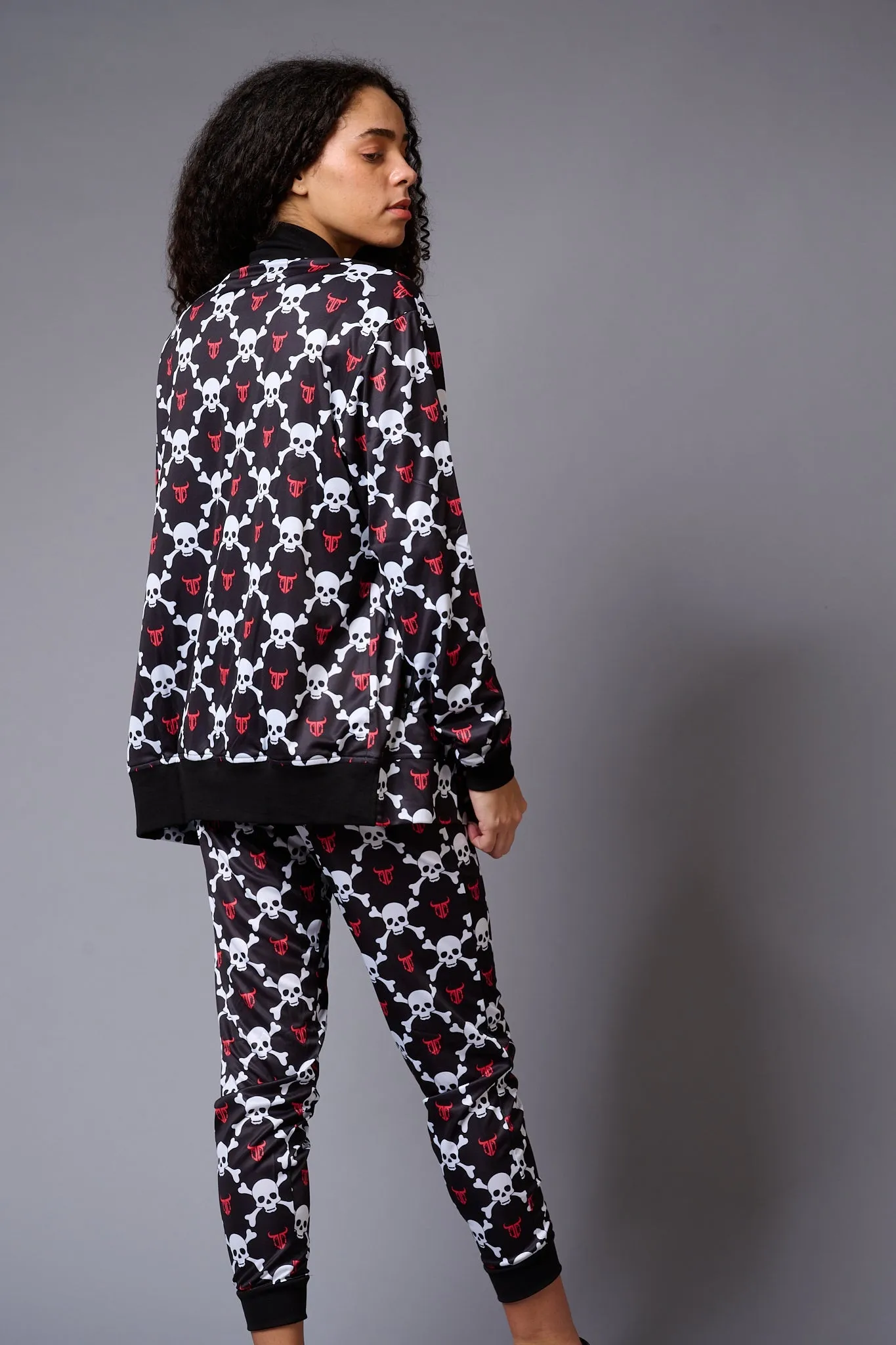 White Skull Printed Black Bomber Style Jacket with Pant Co-ord Set for Women