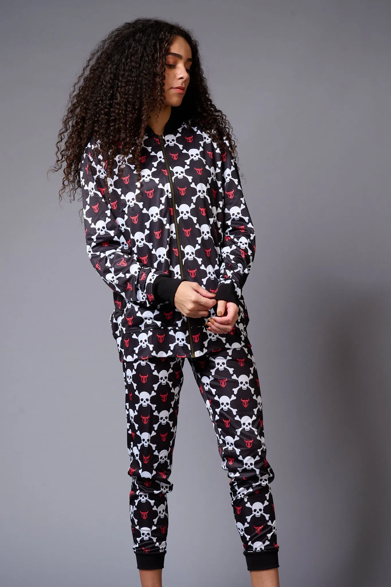 White Skull Printed Black Bomber Style Jacket with Pant Co-ord Set for Women