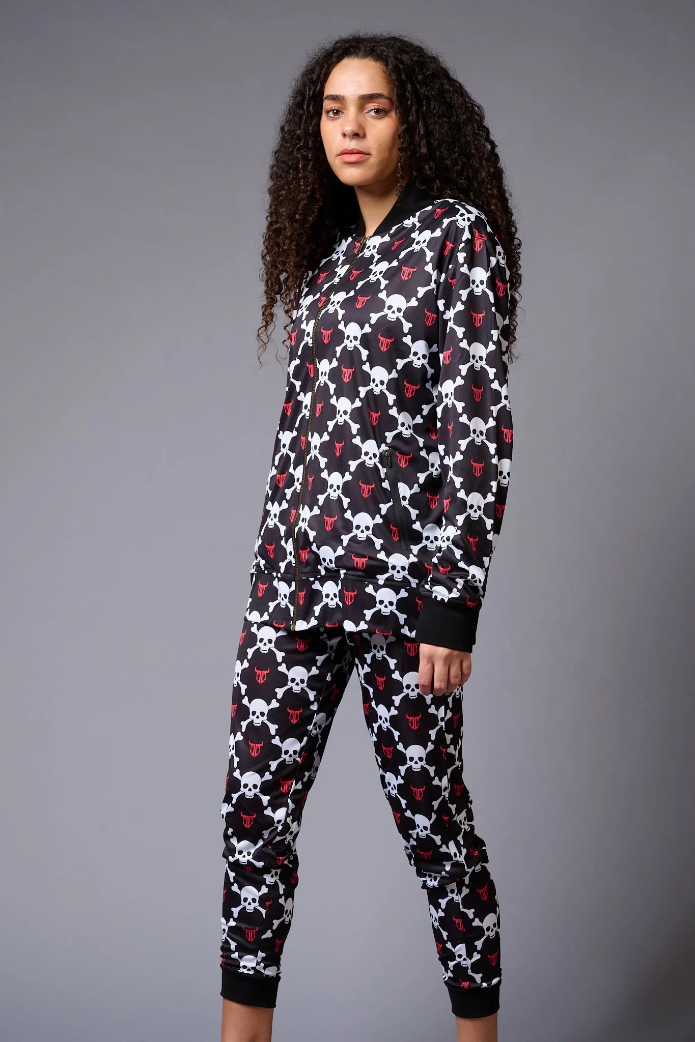 White Skull Printed Black Bomber Style Jacket with Pant Co-ord Set for Women