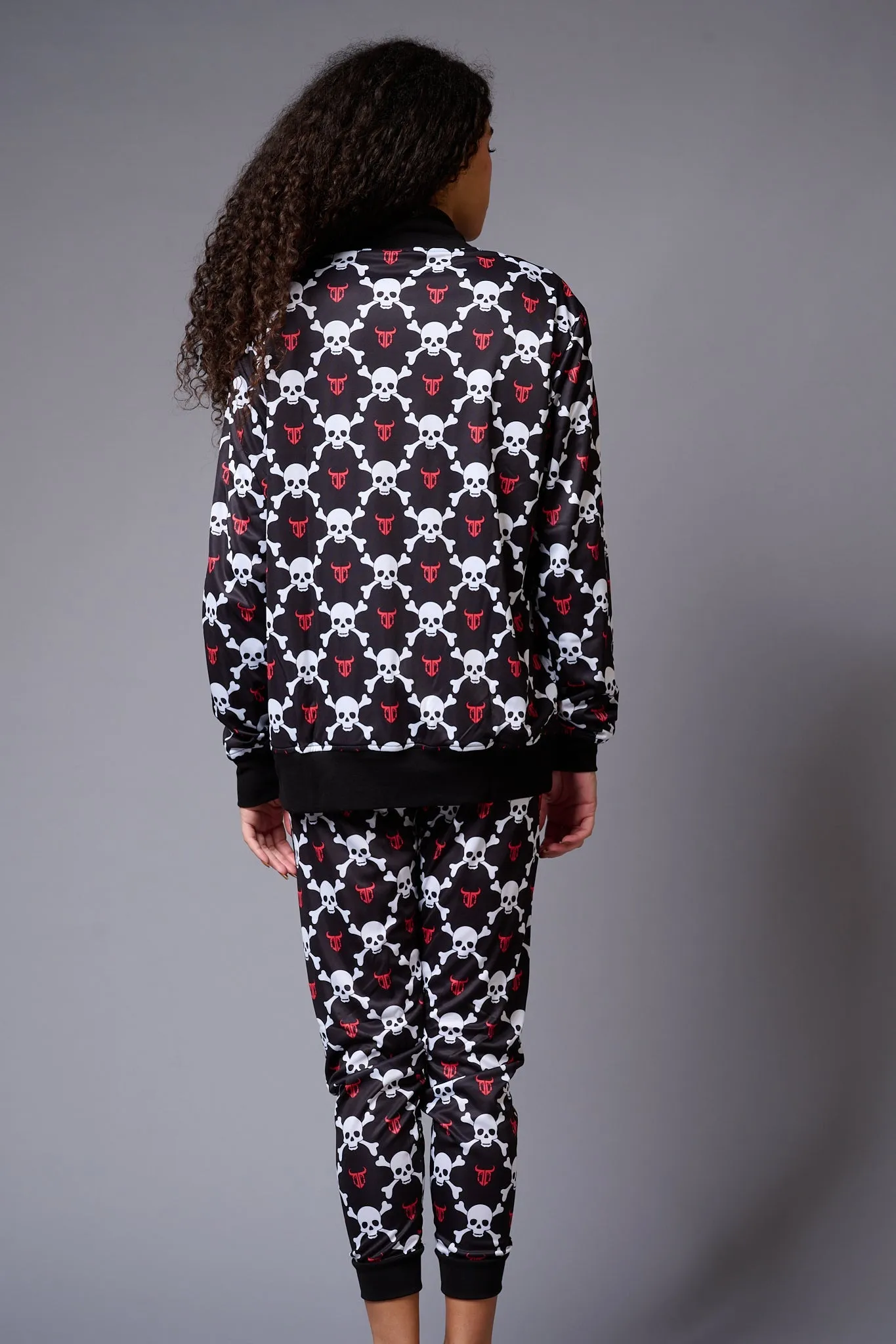 White Skull Printed Black Bomber Style Jacket with Pant Co-ord Set for Women