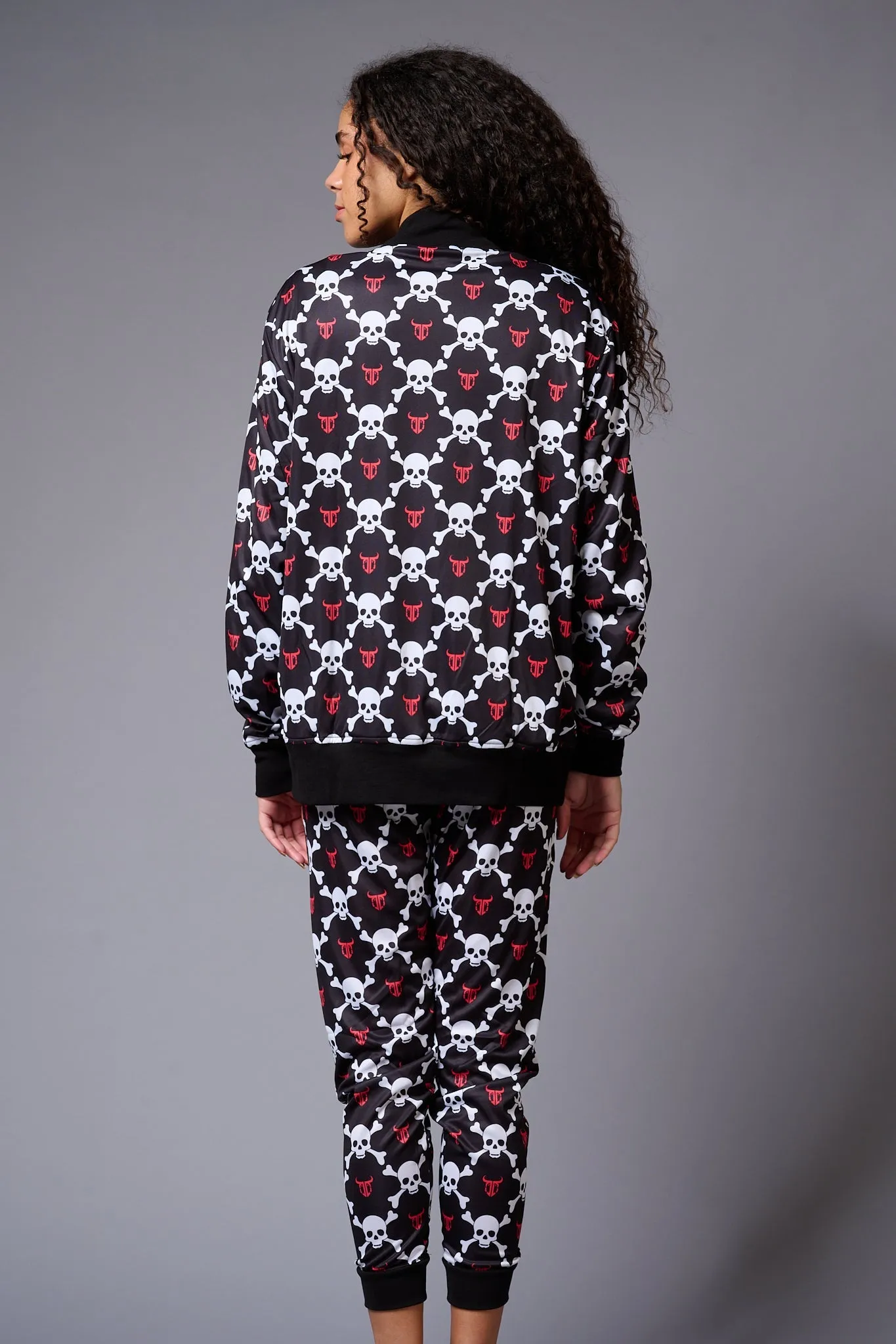 White Skull Printed Black Bomber Style Jacket with Pant Co-ord Set for Women