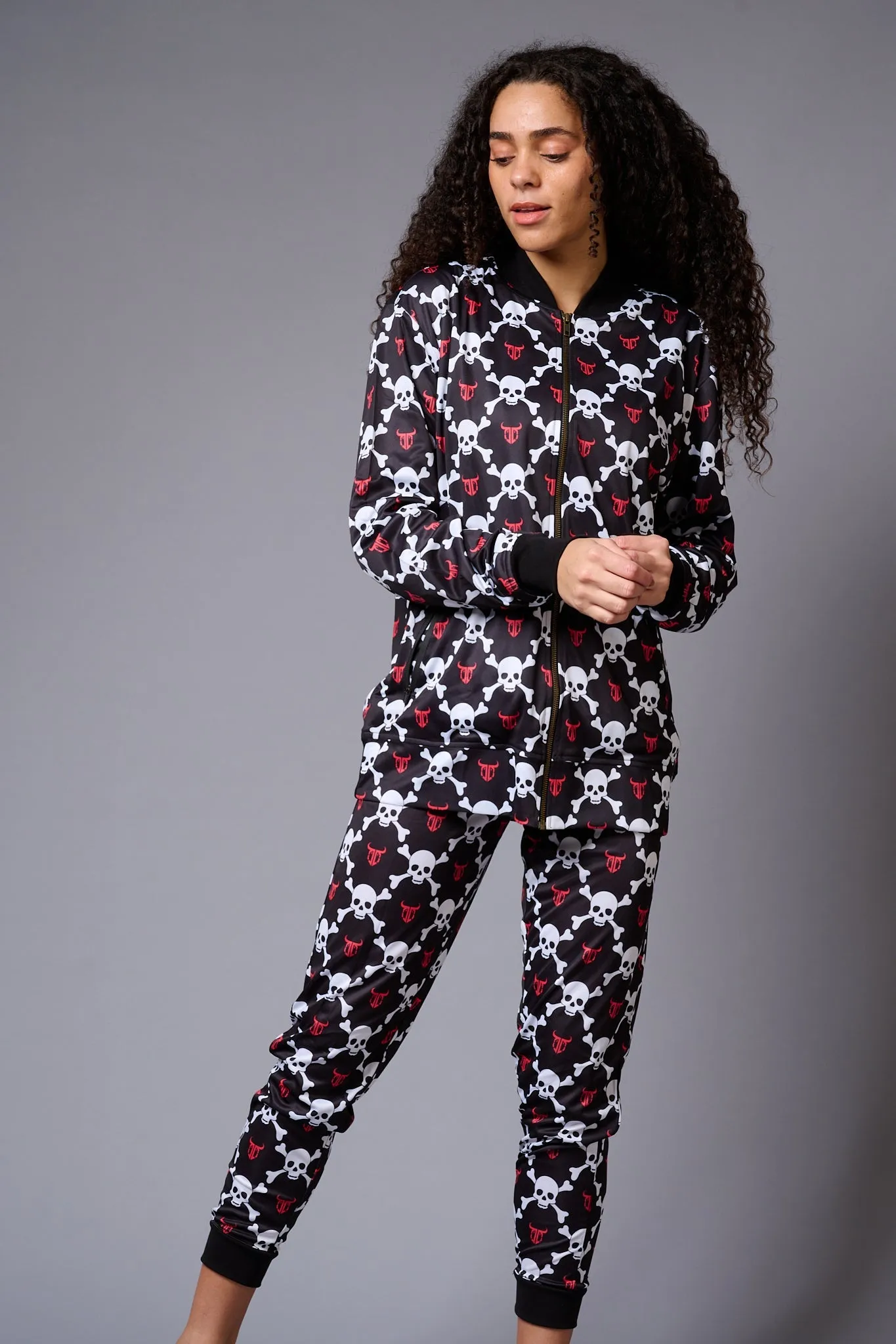 White Skull Printed Black Bomber Style Jacket with Pant Co-ord Set for Women