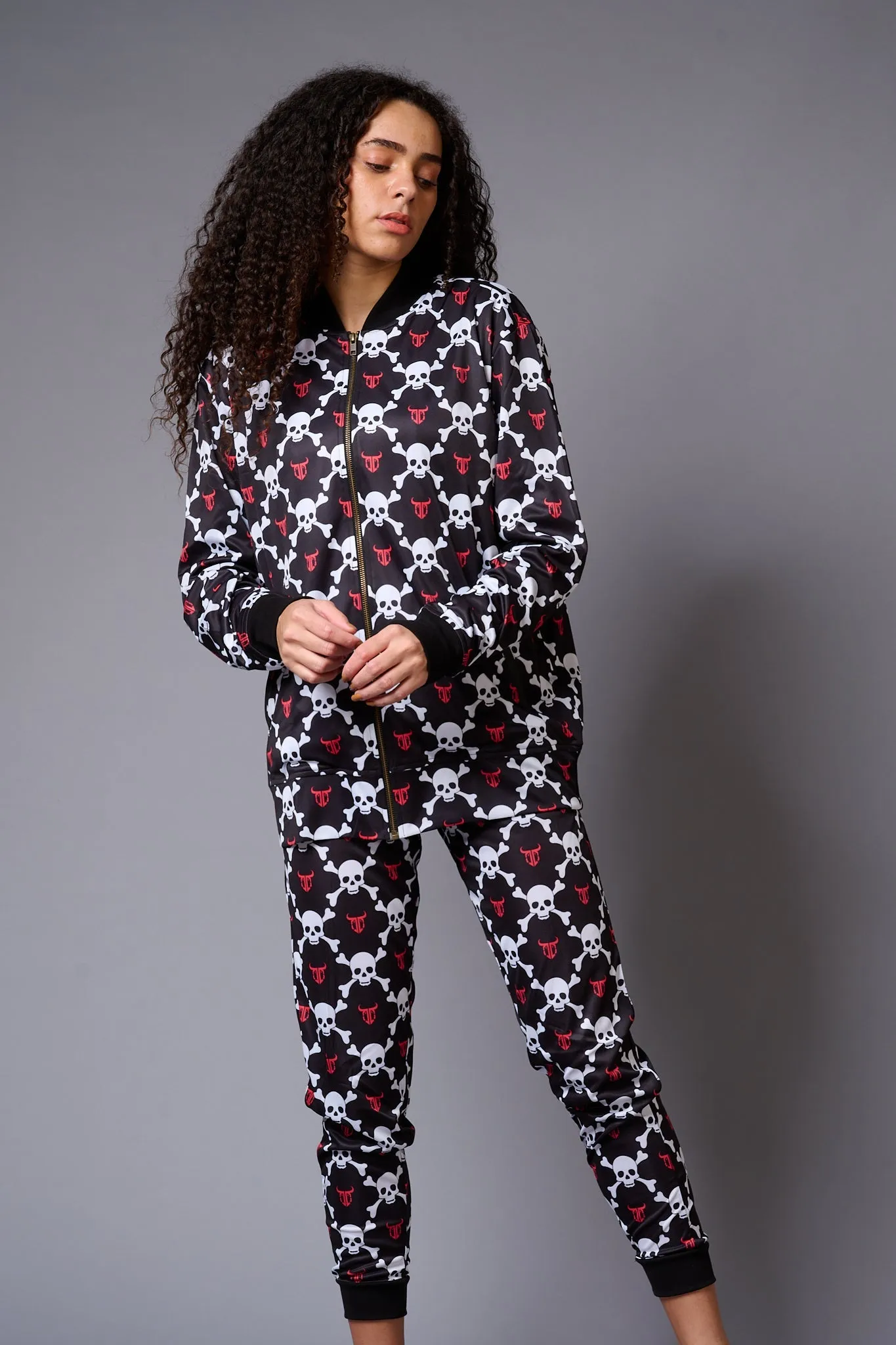 White Skull Printed Black Bomber Style Jacket with Pant Co-ord Set for Women