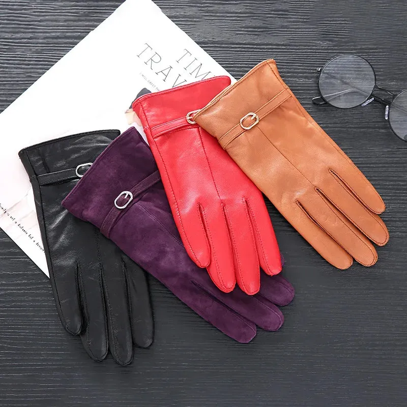 Women's Winter Warm Genuine Sheepskin Leather Solid Pattern Gloves