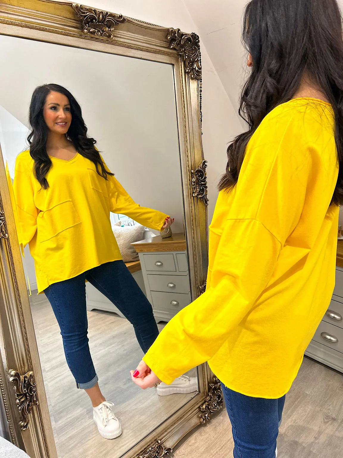 Yellow Long Sleeve Cross V Neck Top Tori