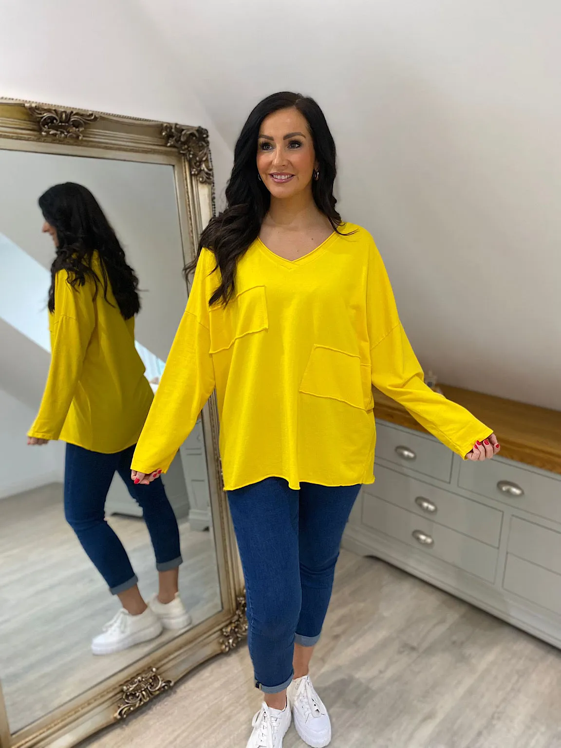 Yellow Long Sleeve Cross V Neck Top Tori