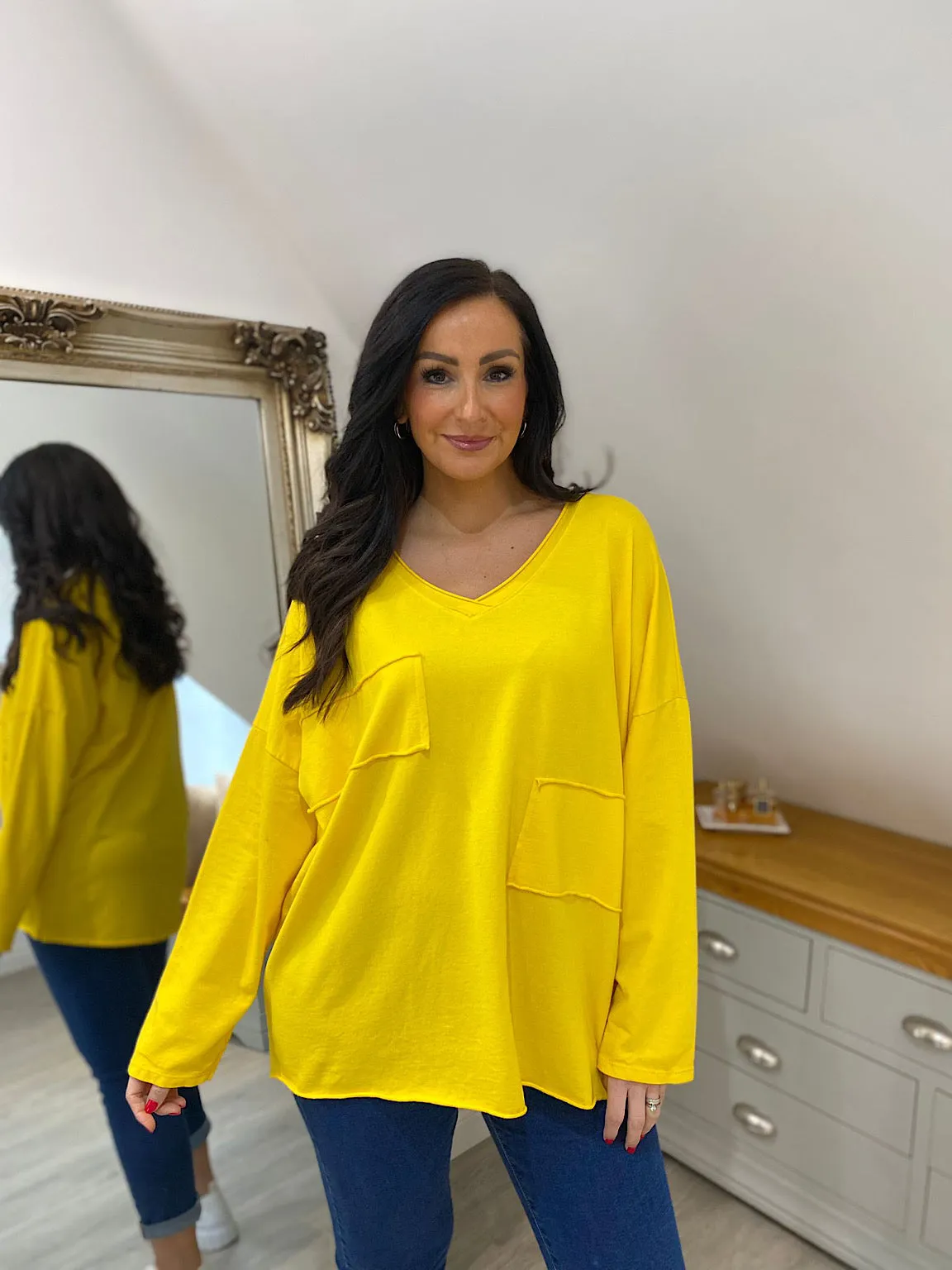 Yellow Long Sleeve Cross V Neck Top Tori